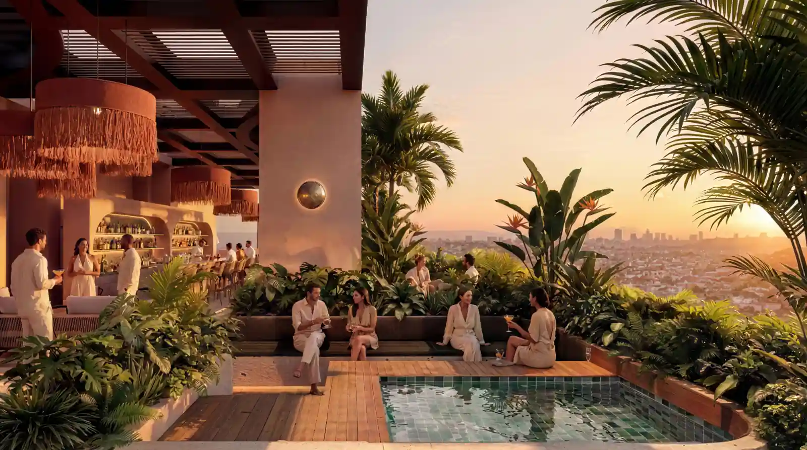 Piscina panorámica en el piso 34 de Olave Bay al atardecer