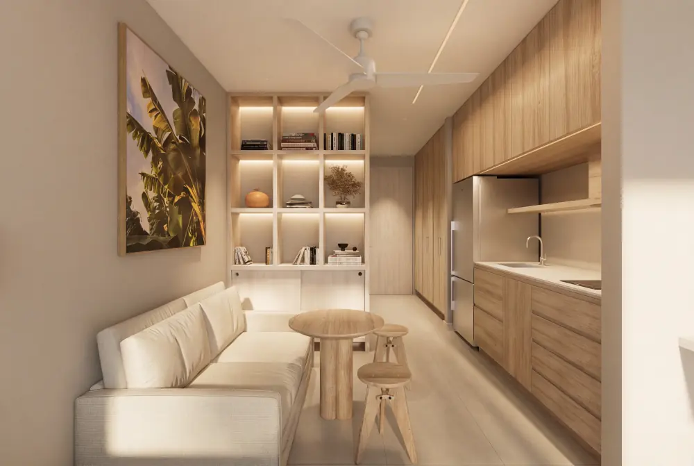 Sala y cocina abierta de un apartamento Olave Bay